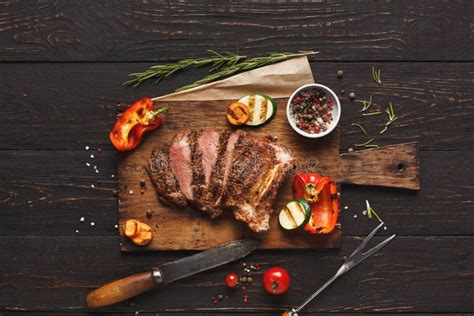 Grilled Meat And Vegetables On Rustic Wooden Table Stock Image Image