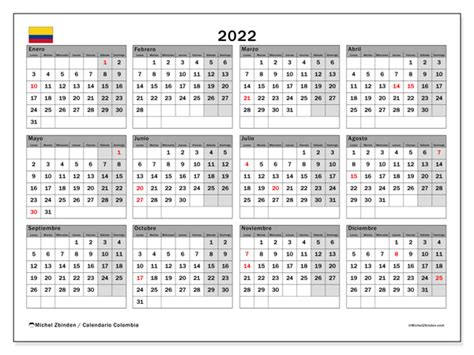 Calendario “colombia” 2022 Para Imprimir Michel Zbinden Es