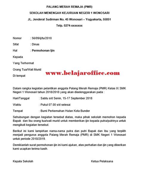 Adapun contoh surat ini masih terbagi ke dalam beberapa jenis, seperti contoh surat izin tidak masuk kerja, contoh surat izin tidak masuk sekolah, sampai biasanya kegiatan bisa berlangsung selama 1 hari atau lebih yang memungkinkan untuk menginap disana. Contoh Surat Izin Ke Sekolah Untuk Mengikuti Kegiatan