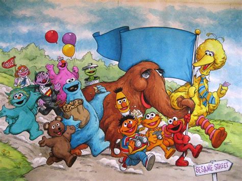 A Group Of Cartoon Characters Walking Down A Road With A Blue Flag In