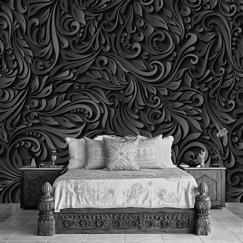 Dark Floral Wallpaper 3d Black And White Wallpaper Luxury Wall Etsy Uk
