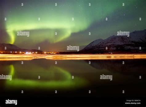 Aurora Borealis Over Nares Lake Carcross Yukon Canada Stock Photo