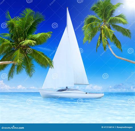 Yacht Sailing In A Sea With Coconut Palm Trees By The Side Stock Photo