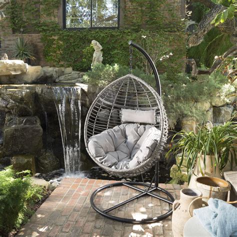 Leasa Outdoor Wicker Hanging Basket Chair With Water Resistant Cushions