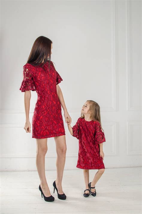 Mommy And Me Lace Dresses Burgundy Mother Daughter Matching Dresses