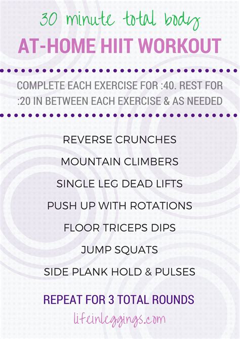 For this hiit workout at home, perform each pair of exercises twice before resting for 30 seconds and moving on to the next pair. 30 Minute (Total Body) At-Home HIIT Workout | Life In Leggings