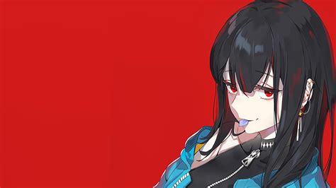 Long Hair Black Hair Anime Girls Red Eyes Zipper Anime Wallpaper