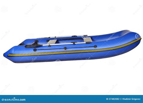 Side View Of Blue Inflatable Rubber Boat Isolated On White Stock