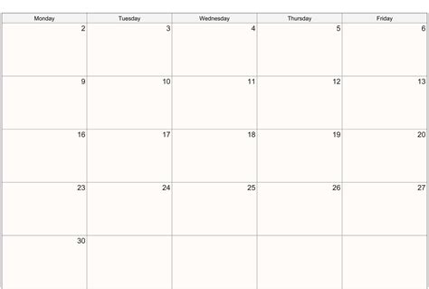 5 Day Monthly Calendar Template