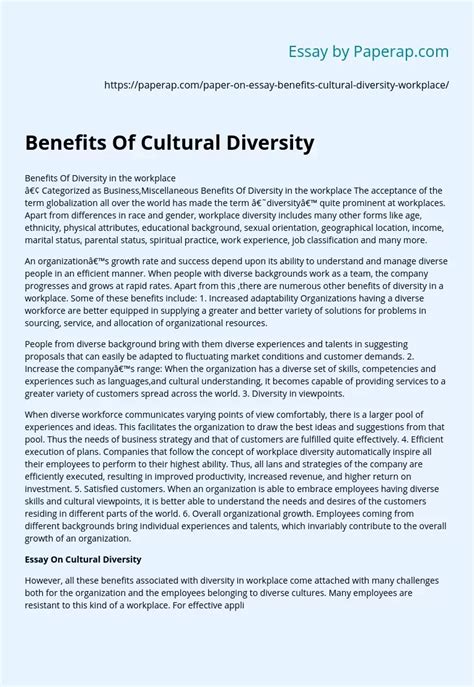 Benefits Of Cultural Diversity Free Essay Example