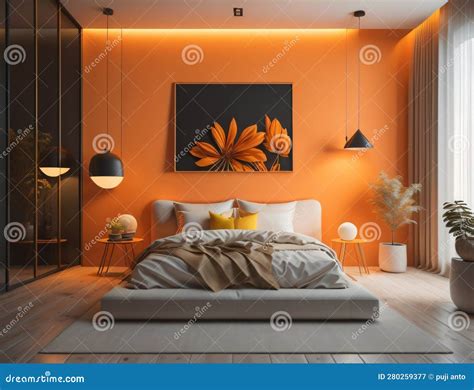 Modern Bedroom Design With Orange Color And Also Equipped With Glass