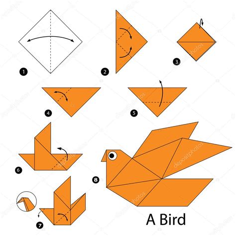 Instruções Passo A Passo Como Fazer Origami Um Pássaro Stock Vector