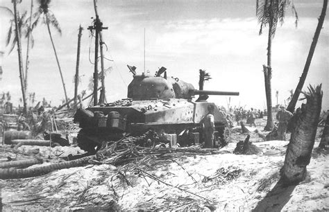 A Us M4 Sherman Tank Pauses During The Battle For Tarawa November 1943