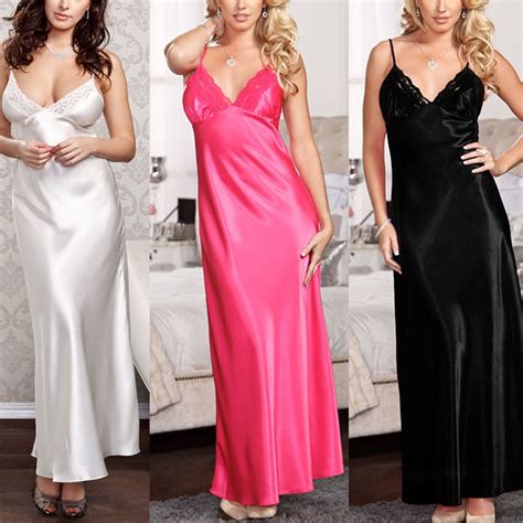 Women V Neck Imitation Silk Satin Long Nightdress Sexy Lace Lingerie Nightgown Sleepwear Ladies
