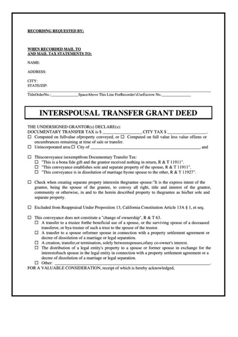Interspousal Transfer Deed Form California Printable Pdf