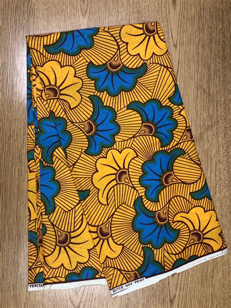 Per Yard Yellow Blue Black Flowers Ankara African Print Fabric Fabric 1