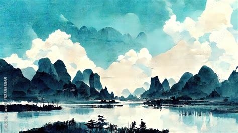 Traditional Chinese Ink Painting With Blue And Black Colors Scenery