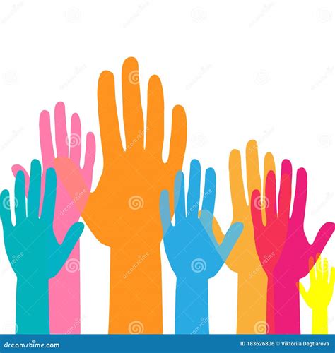 Colorful Up Hands Raised Hands Volunteering Stock Vector