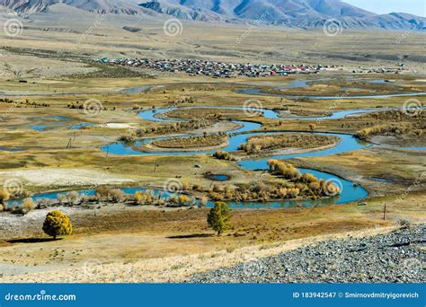 Top View Of The Altay Russian Village Of Ortolyk The Steppe And Altai