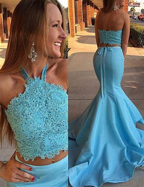Chic Two Piece Mermaid Halter Sleeveless Beading Bowkont Lace Long Prom