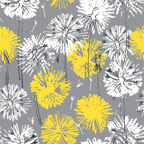 Seamless Pattern With Hand Drawn Dandelion Flowers Trendy Yellow And