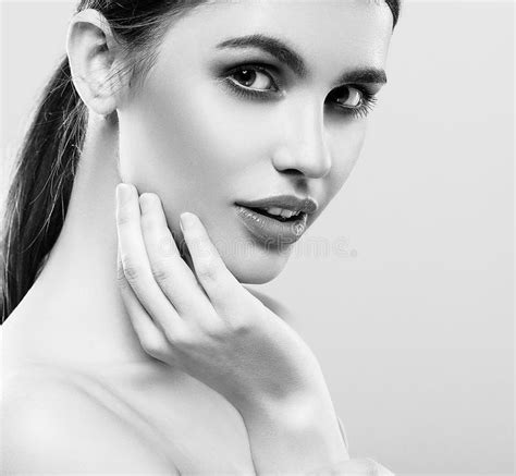 Beautiful Woman Face Studio On White With Lips Black And White Stock