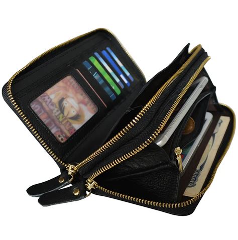 Top Layer Cowhide Double Zipper Long Wallet With Inner Phone Pocket And