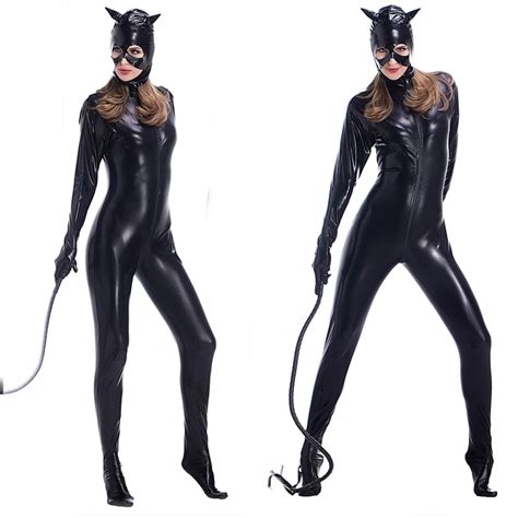 Sexy Catwoman Costume Women Black Faux Leather Catsuit Jumpsuit Cat
