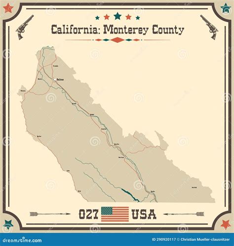 Map Of Monterey County California Usa With Vintage Colors Stock