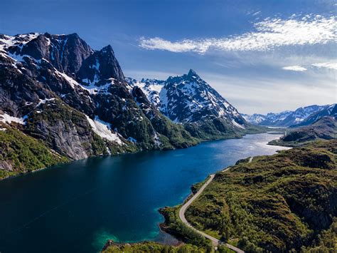 Fonds Decran Norvège Îles Lofoten Montagnes Routes Neige Fjord Nature