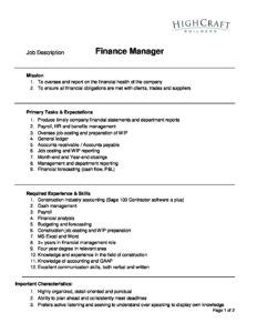 Finance manager job description detailing typical duties and responsibilities. Finance Manager Job and Salary Description - HighCraft