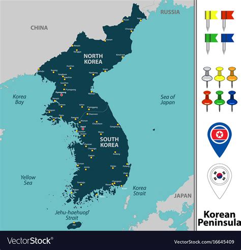 Korea peninsula outline map labeled with capital and major cities, pyongyang chongjin, hamhung and seoul, busan, incheon. Map of korean peninsula Royalty Free Vector Image