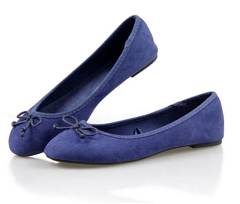 Dark Navy Blue Suede Bow Ballet Flat With Flat Shoes Round Womens