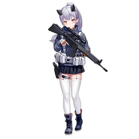 Safebooru 1girl Assault Rifle Bangs Battle Rifle Boots Closed Mouth Cross Laced Footwear Fkey