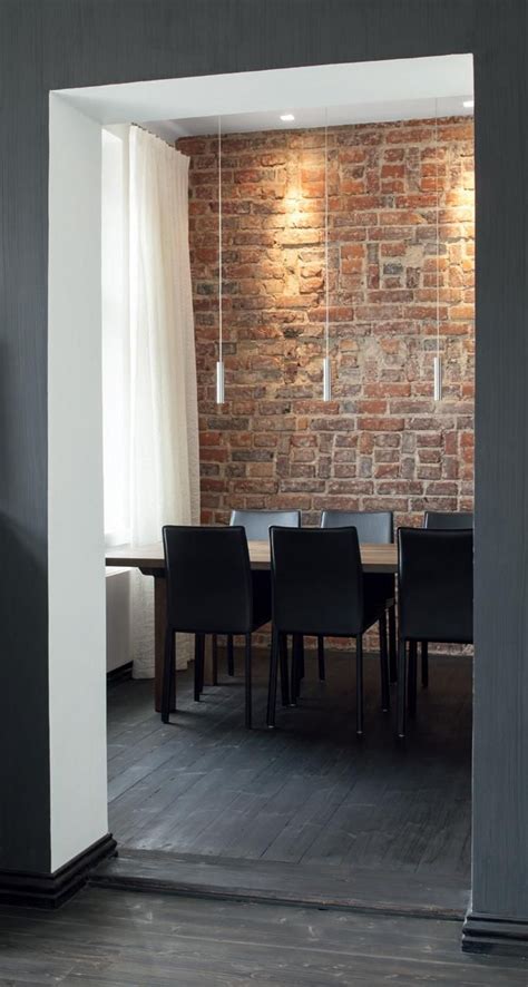 Let's look at some more dining rooms to see how to mix dining room chairs like a pro! . accent wall . || bricks || dining || hue || black ...
