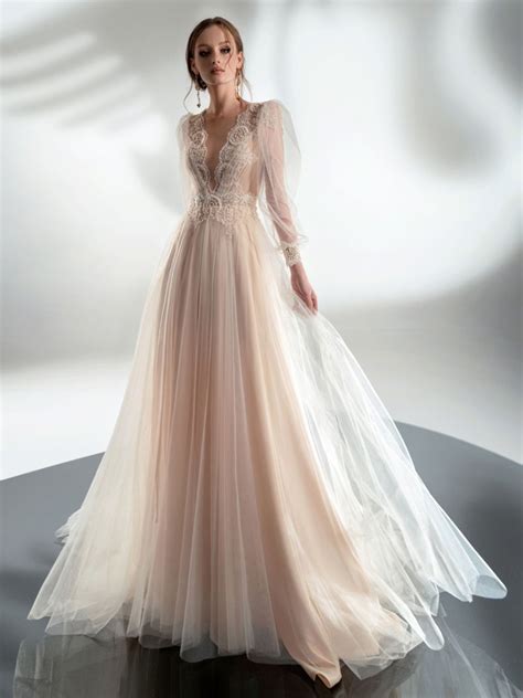 Puff Sleeve A Line Wedding Dress With V Plunging Neckline Unique
