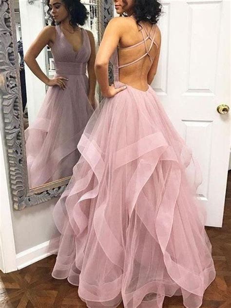 backless pale pink ball gown ruffle tulle bottom prom gown formal long dress gdc1096