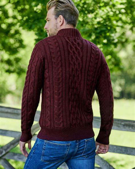 Dark Cranberry Pure Wool Knitted Aran Cable Zip Neck Sweater