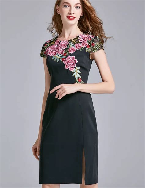 Vintage Flower Embroidery Women Dress Fashion Sheath Black Casual