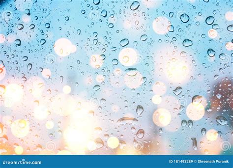 Water Drops On Glass Window With Bokeh Lights Stock Image Image Of