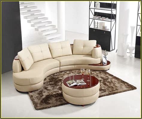 Apartment Sized Sectional Idea In Cream Dark Shaggy Area Rug Round Wood Top Center Table  