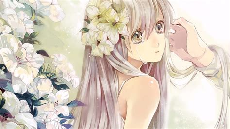 Wallpaper Blonde Flowers Looking Away Long Hair Anime Girls Gray