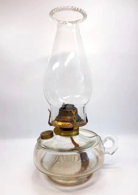 ANTIQUE CLEAR GLASS Kerosene Oil Bracket Finger Oil Lamp W Filler Cap