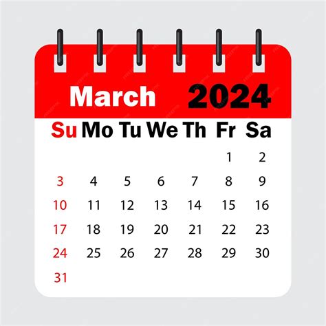 Premium Vector Red Calendar Leaf Spring March 2024 Calendar