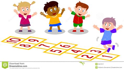 Los niños aprenden y se divierten a la vez que ganan aptitudes de motricidad mientras colorean. Cabritos Que Juegan - Hopscotch Stock de ilustración ...