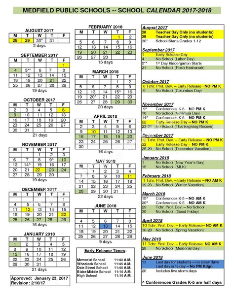2017 2018 District Calendar Medfield Public Schools Medfield Ma
