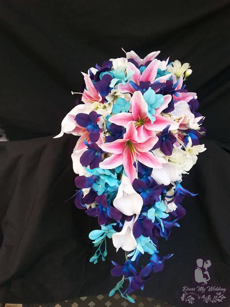 dress my wedding tiger lily and galaxy orchid bouquet with turquoise accent