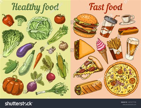 Healthy Vs Junk Food Concept Fruits Vector De Stock Libre De Regalías