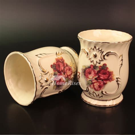 5 Piece Ceramic Bathroom Accessories Sets Carved Rose