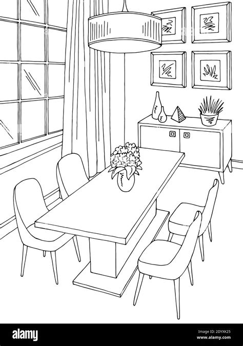 Dining Room Home Interior Graphic Black White Vertical Sketch